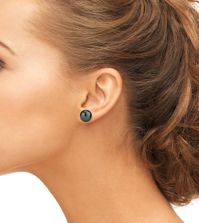 12mm Tahitian South Sea Round Pearl Stud Earrings- Various Colors - Model Image