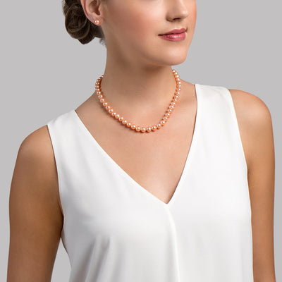7.0-7.5mm Peach Freshwater Pearl Necklace - Gem Quality - Model Image