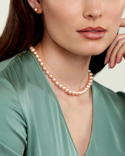 8.0-8.5mm Peach Freshwater Pearl Necklace - Gem Quality - Model Image