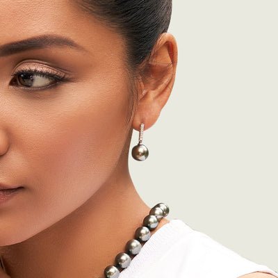 Tahitian South Sea Pearl Dangling Diamond Earrings - Model Image