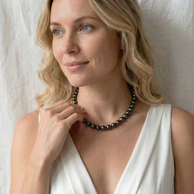 True Round Black Tahitian Pearl Necklace, 10.0-12.0mm - AAA Quality