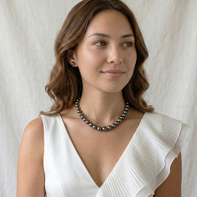 Dark Tahitian True Round Pearl Necklace, 12.0-14.0mm - AAAA Quality