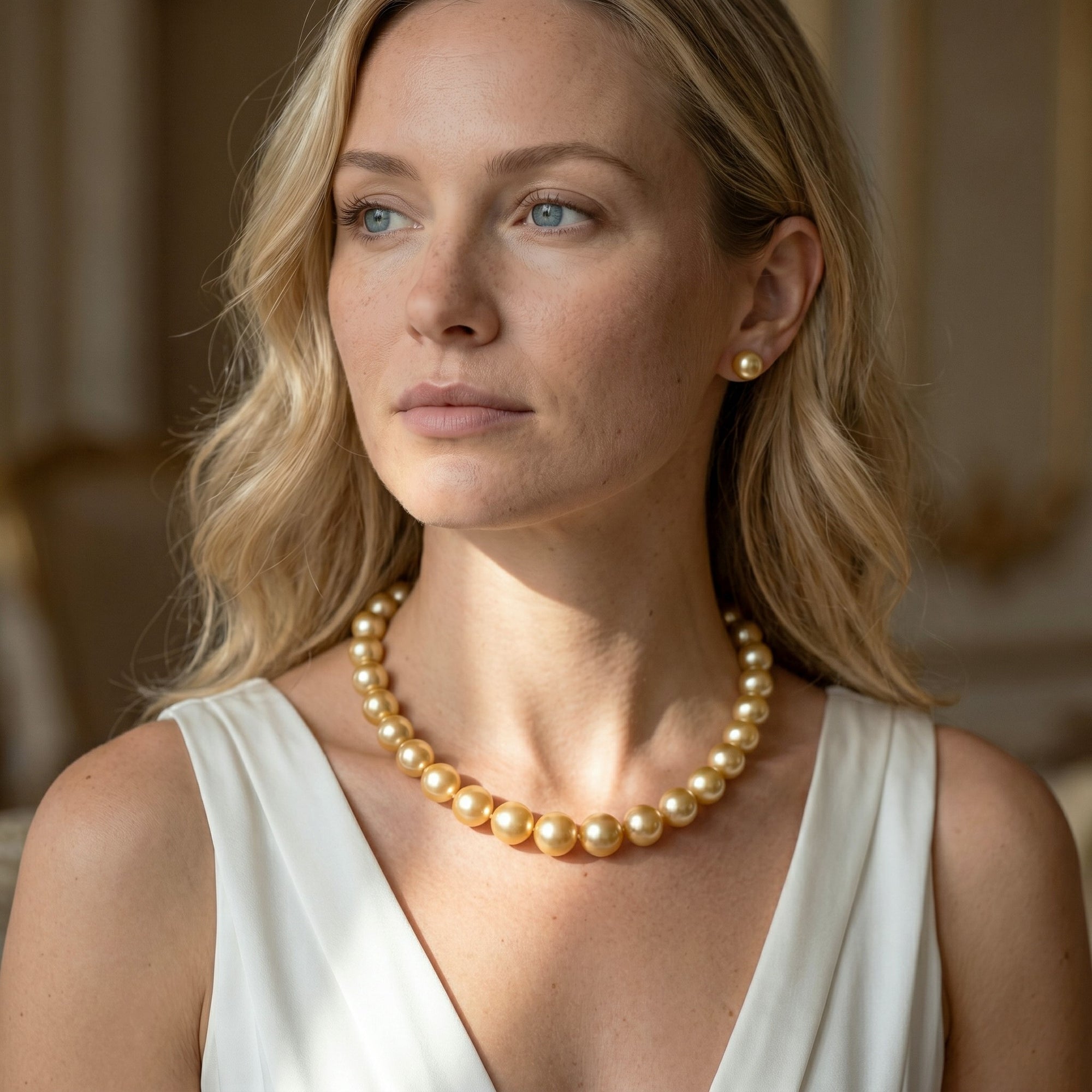 13-15mm Golden South Sea Pearl Necklace - AAAA Quality