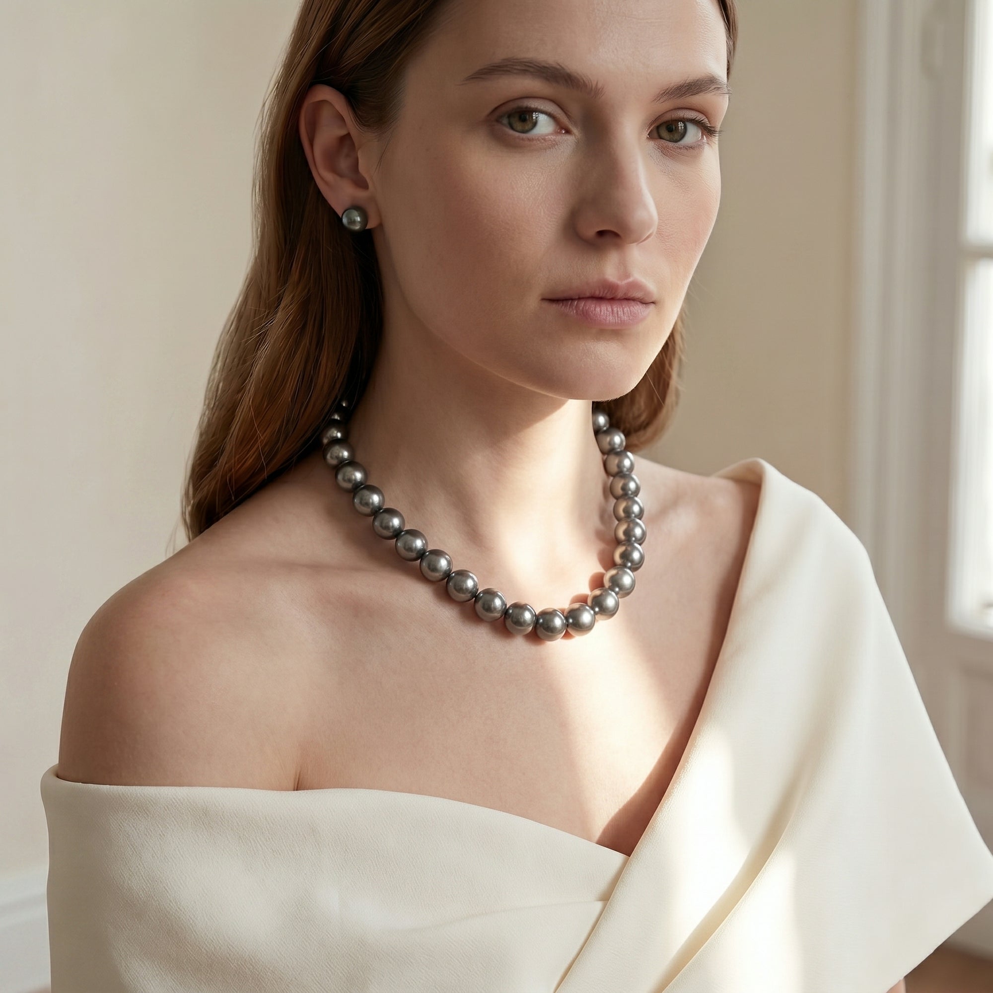 Dark Tahitian True Round Pearl Necklace, 13.0-15.0mm - AAA Quality