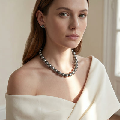 Dark Tahitian True Round Pearl Necklace, 13.0-15.0mm - AAA Quality