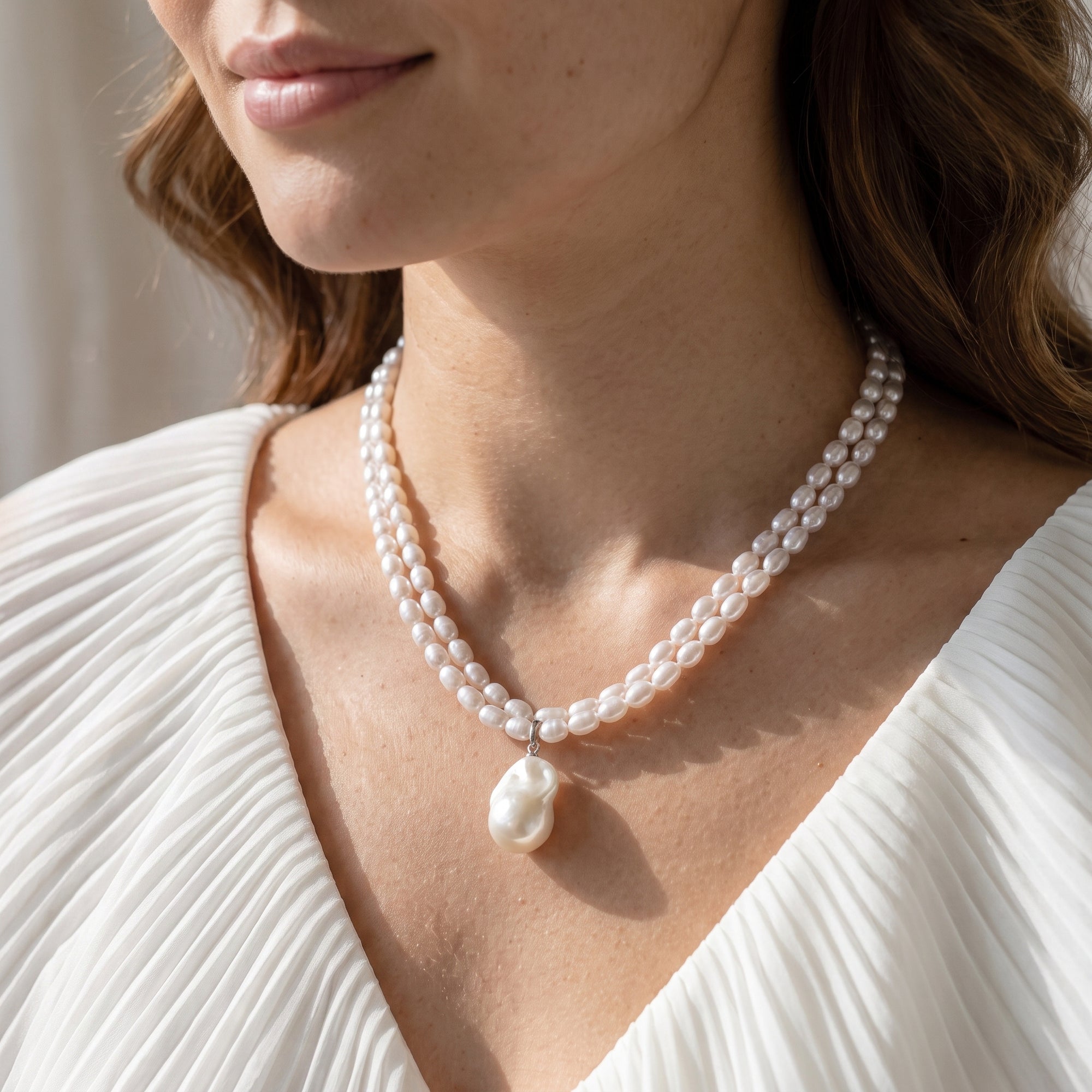 4.5-5.0mm Oval White Freshwater Pearl Double Strand Necklace