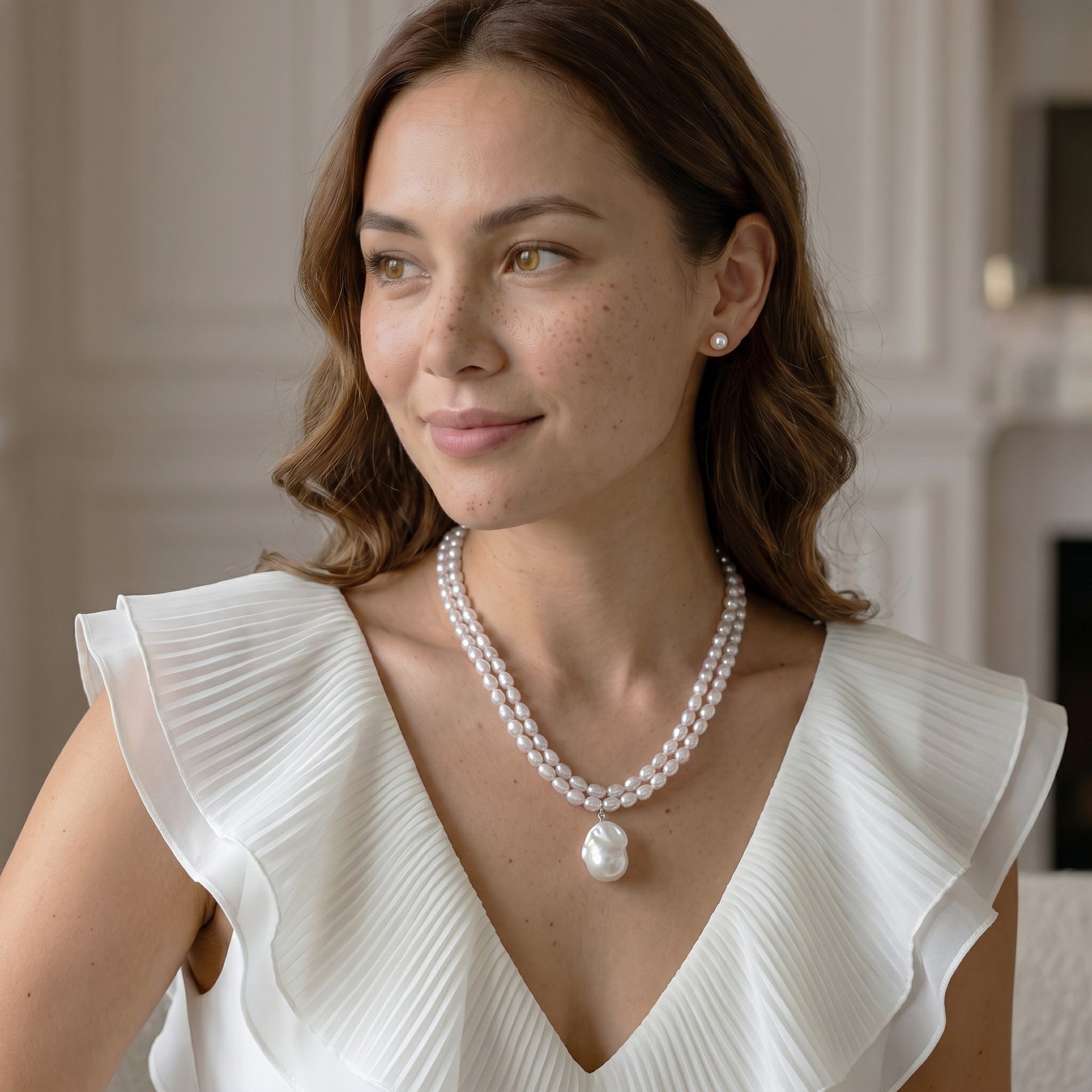 4.5-5.0mm Oval White Freshwater Pearl Double Strand Necklace