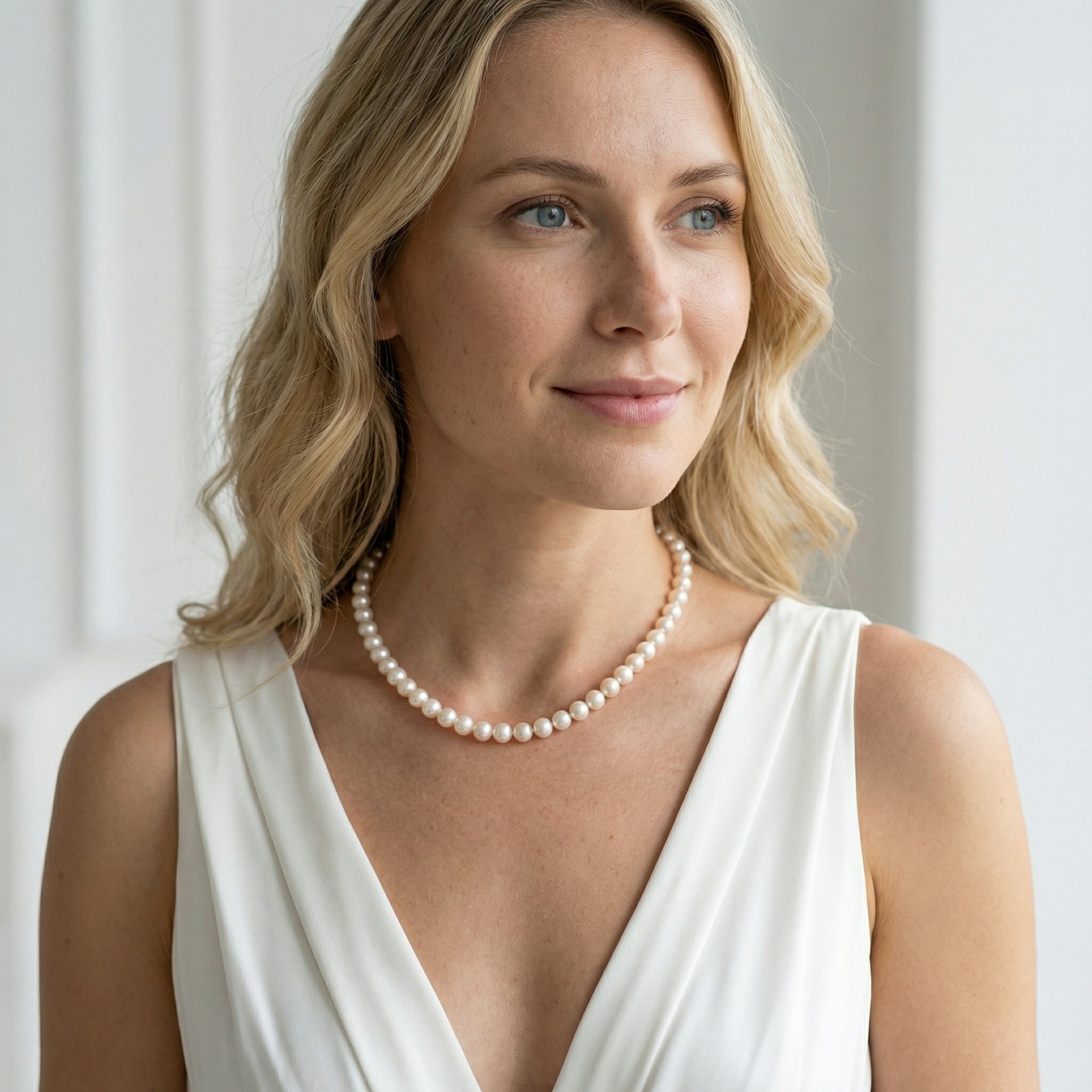 White Japanese Hanadama Akoya Pearl Necklace, 6.5-7.0mm