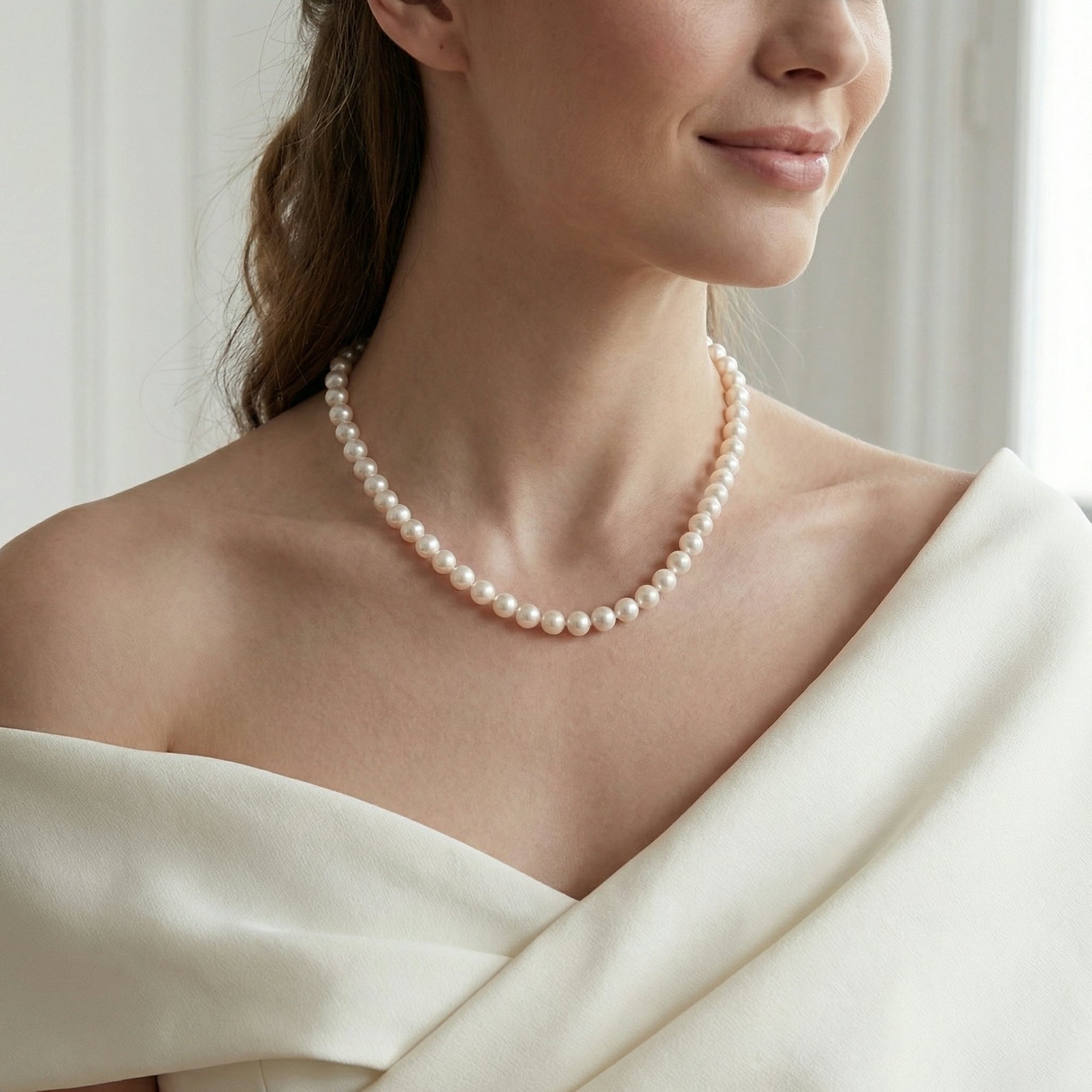 White Japanese Akoya Choker Length Pearl Necklace, 7.0-7.5mm - AA+ Quality