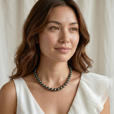 True Round Black Tahitian Pearl Necklace, 8.0-10.0mm - AAA/AAAA Quality