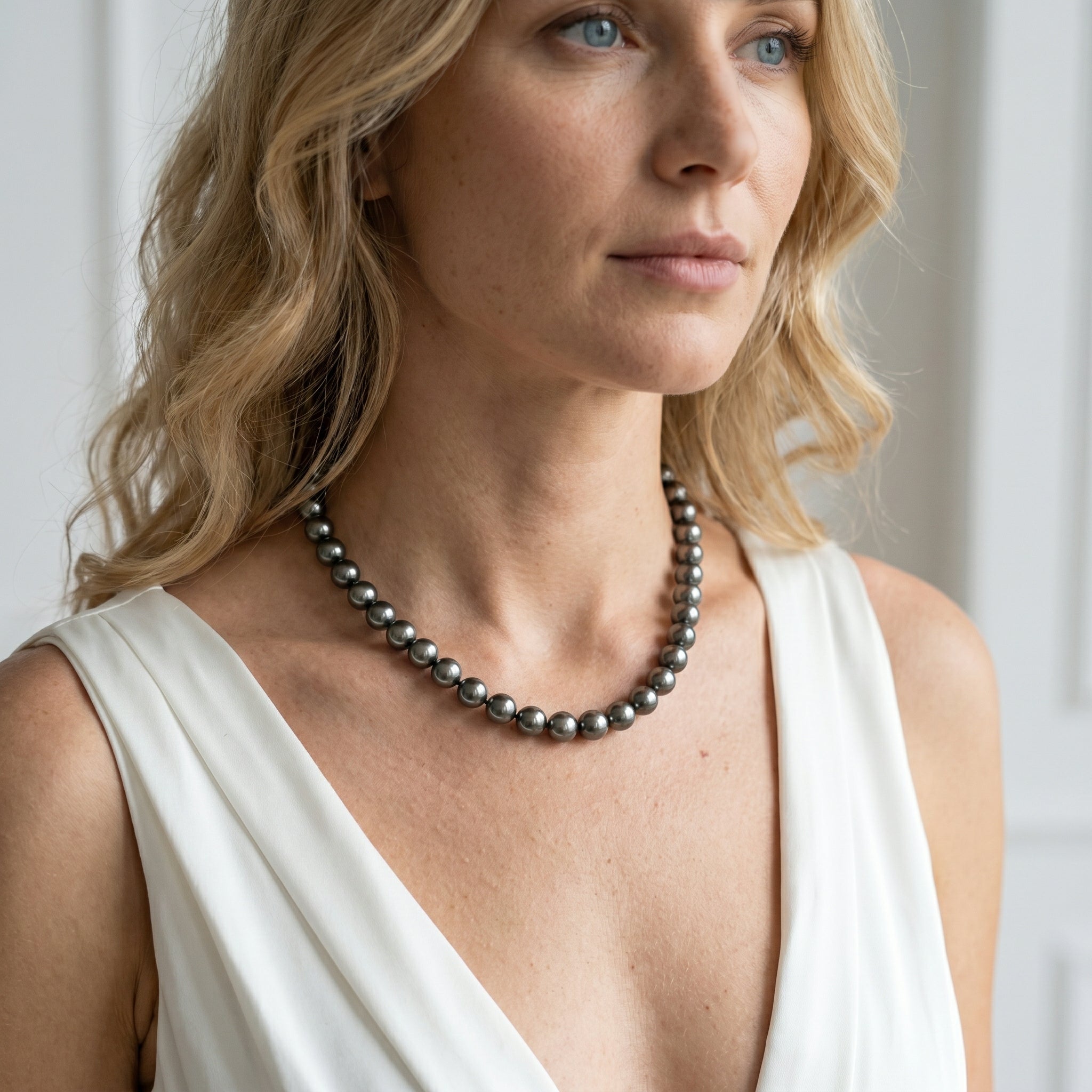 Silver Tahitian True Round Pearl Necklace, 9.0-11.0mm - AAAA