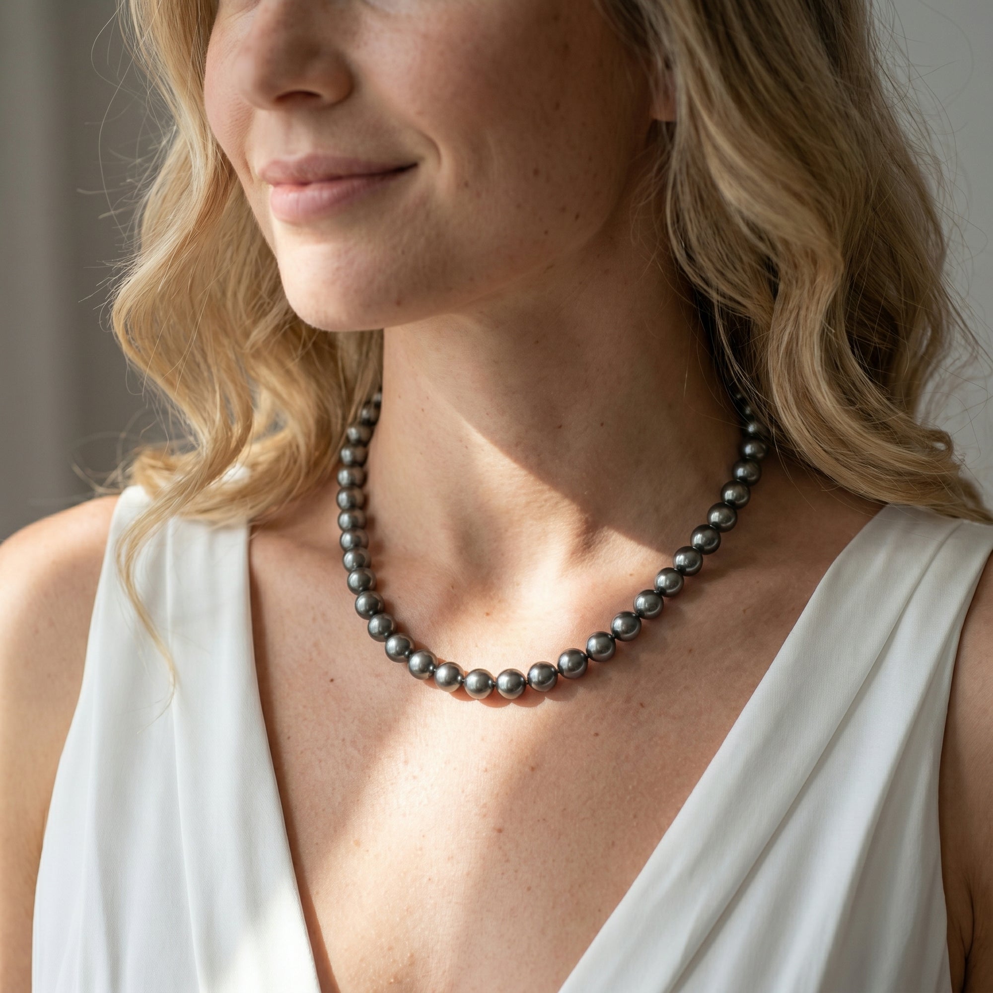 Silver Tahitian True Round Pearl Necklace, 9.0-11.0mm - AAAA Quality