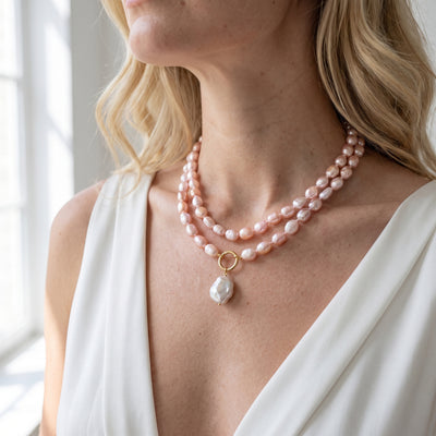 9.5-10.5mm Oval Pink Freshwater Pearl Double Strand Necklace