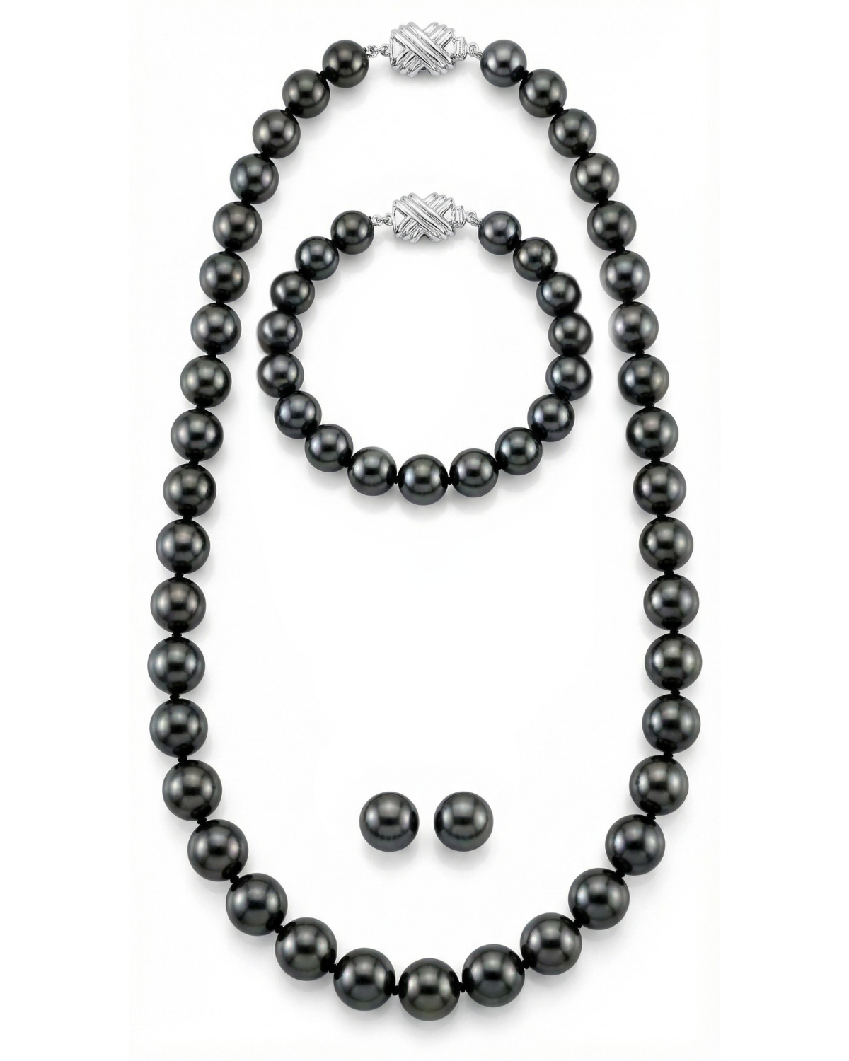 True Round Black Tahitian Pearl Jewelry Set, 8.0-10.0mm - AAA Quality