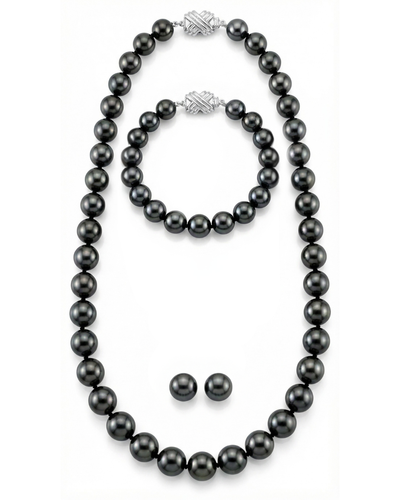 True Round Black Tahitian Pearl Jewelry Set, 8.0-10.0mm - AAA Quality