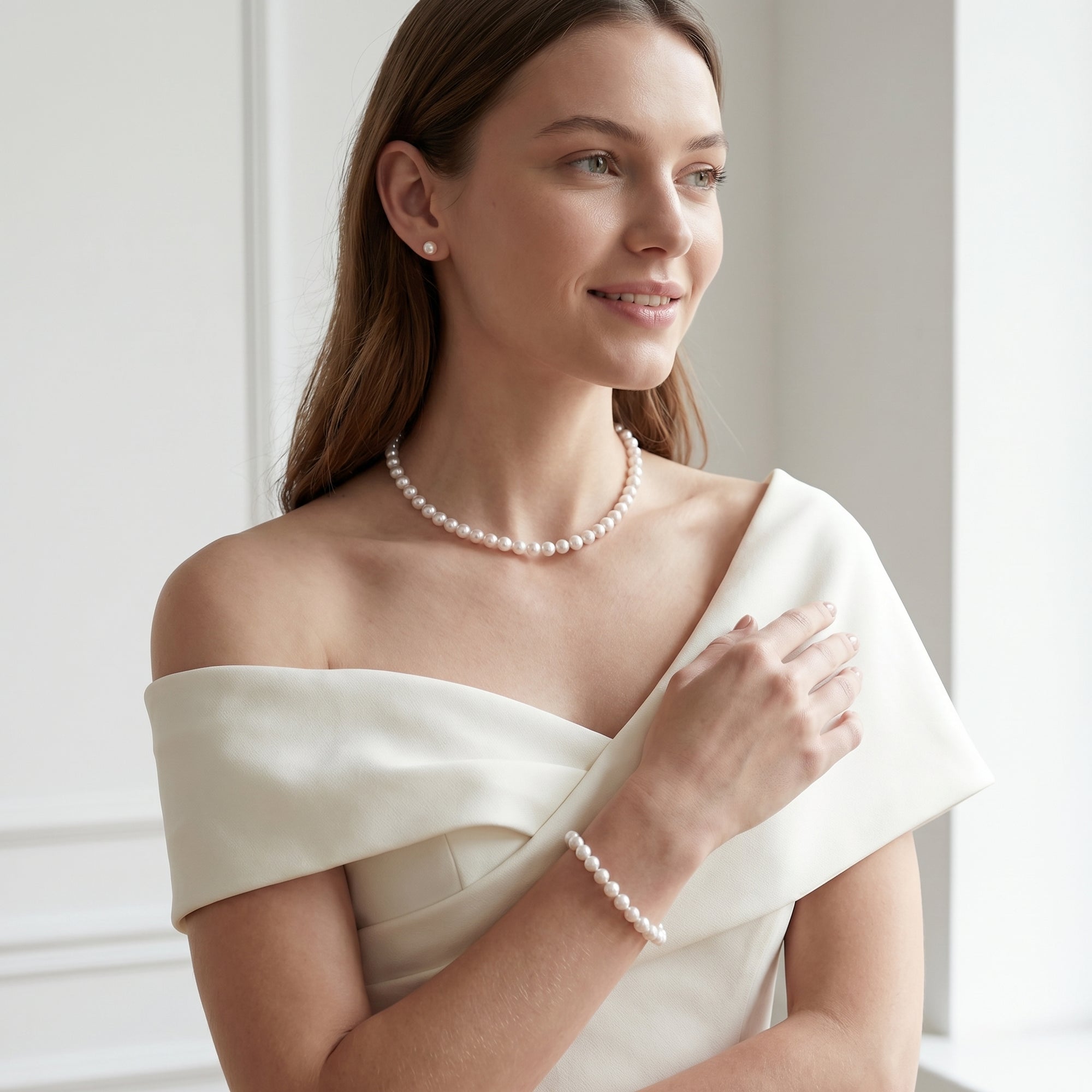 White Japanese Akoya 3-Piece Pearl Jewelry Set, 7.5-8.0mm