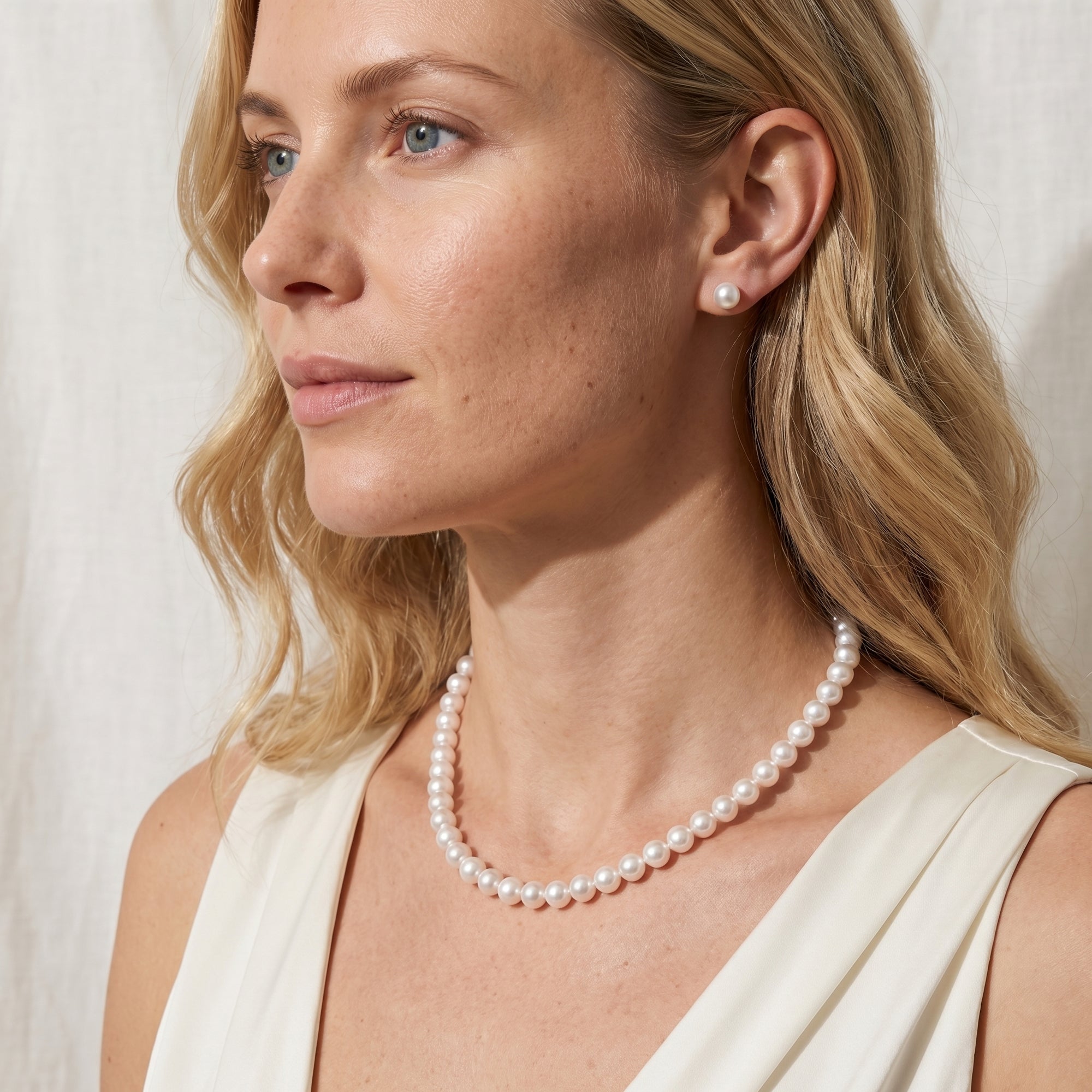 White Japanese Akoya Pearl Necklace & Earring 2-Piece Set, 8.5-9.0mm