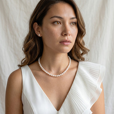 White Japanese Akoya Pearl Necklace & Earring 2-Piece Set, 6.5-7.0mm