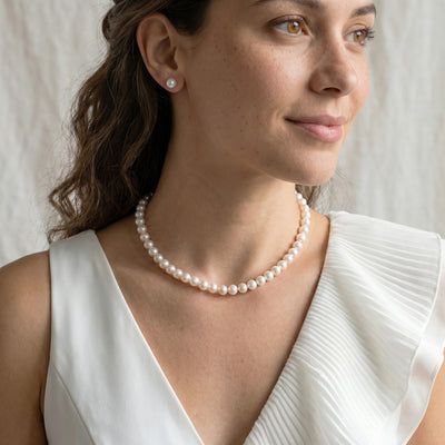 White Japanese Akoya Pearl Necklace & Earring 2-Piece Set, 6.5-7.0mm