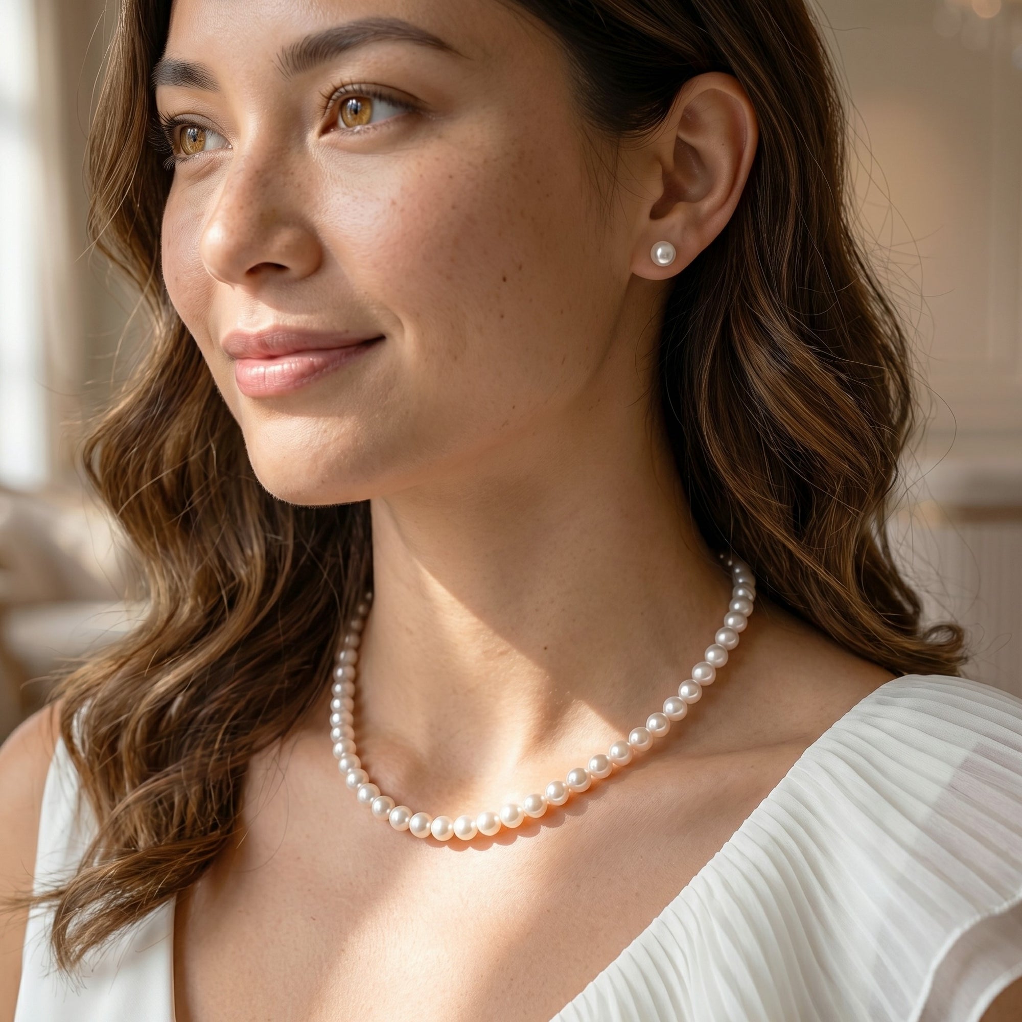 White Japanese Akoya Pearl Necklace & Earring 2-Piece Set, 6.5-7.0mm