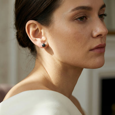Black Akoya Round Pearl Stud Earrings, 7.5-8.0mm