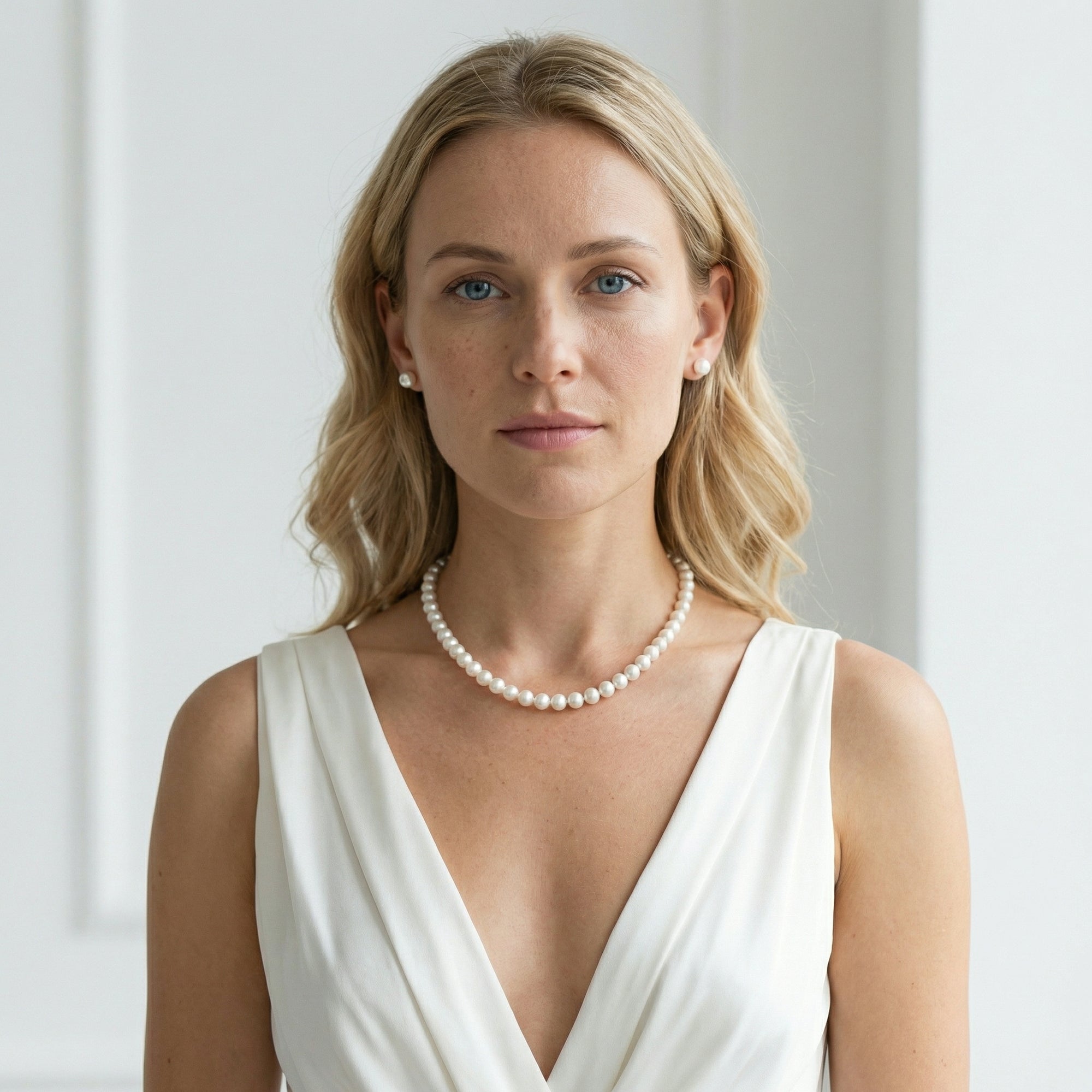White Japanese Akoya Pearl Necklace & Earring 2-Piece Set, 7.0-7.5mm