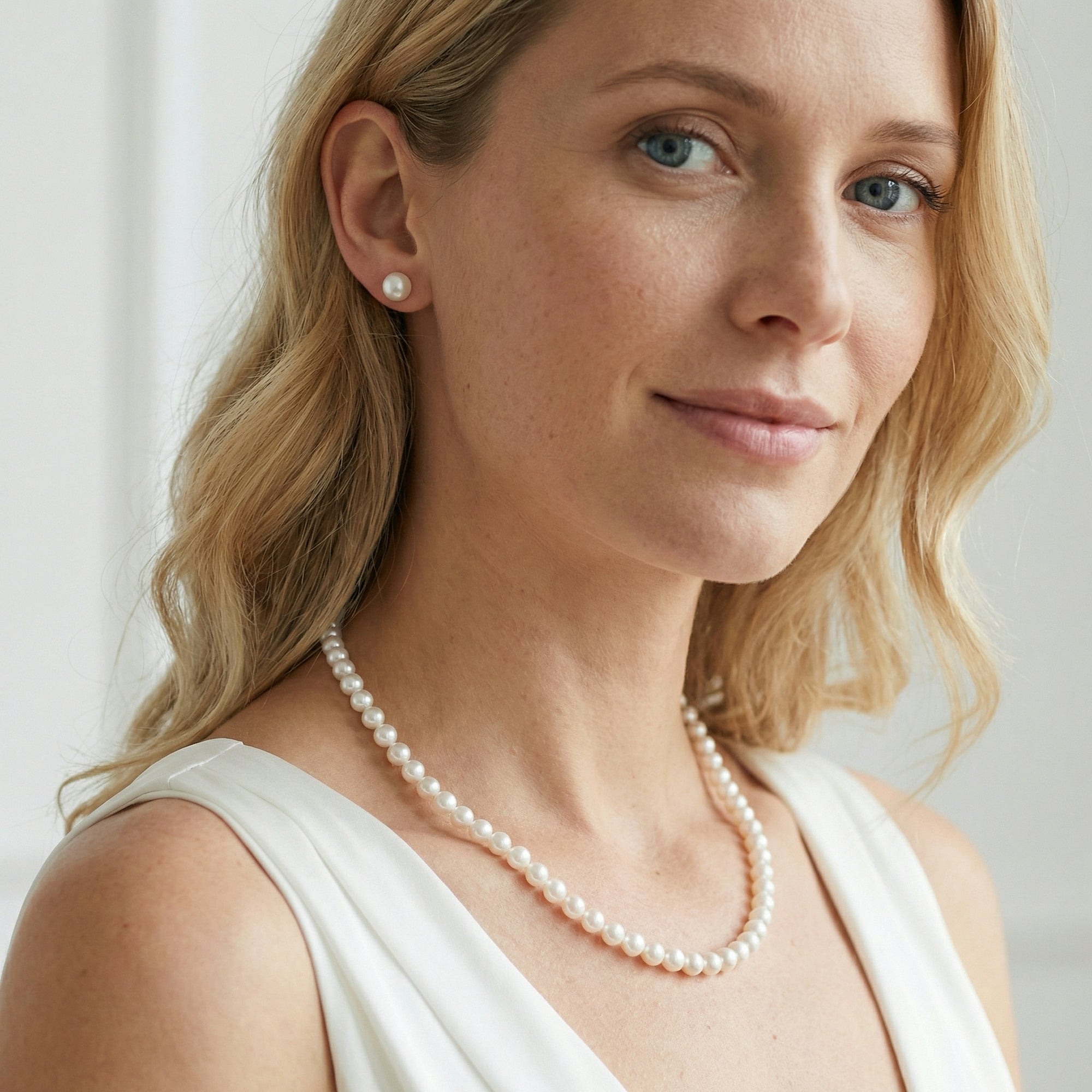 White Japanese Akoya Pearl Necklace & Earring 2-Piece Set, 7.0-7.5mm