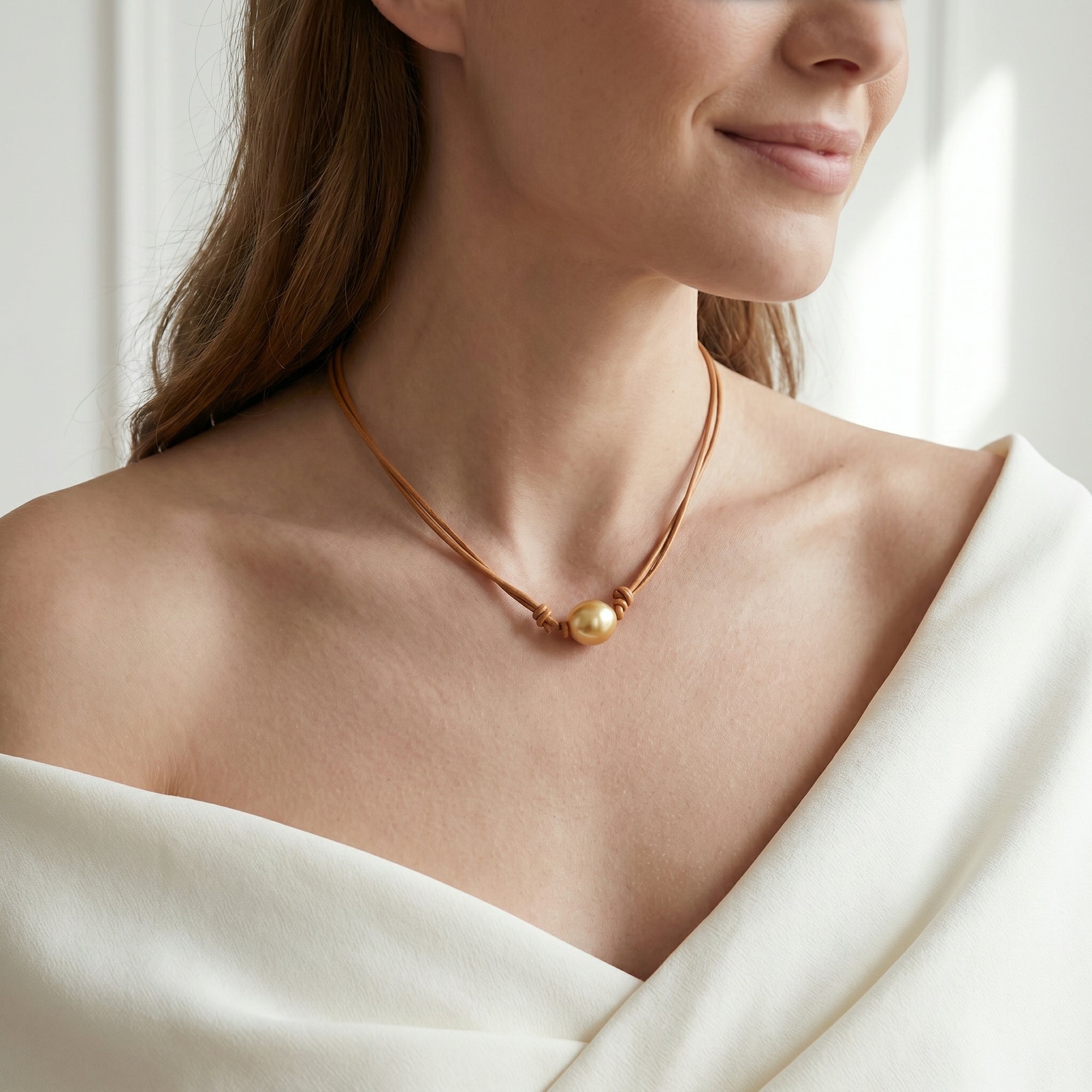Golden South Sea Baroque Pearl on Leather Adjustable Necklace
