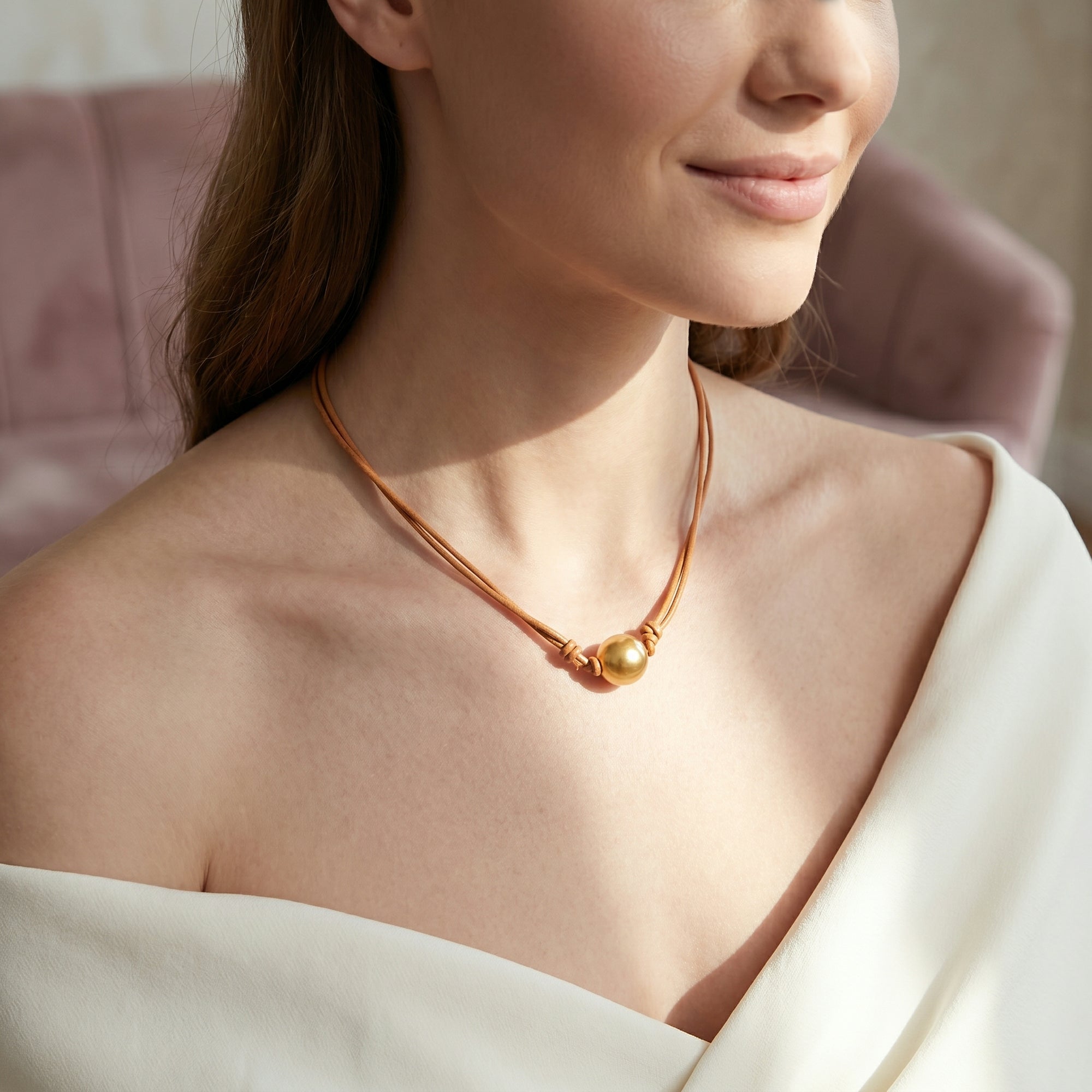 Golden South Sea Baroque Pearl on Leather Adjustable Necklace