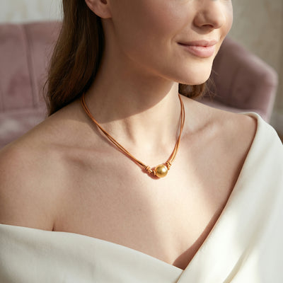 Golden South Sea Baroque Pearl on Leather Adjustable Necklace