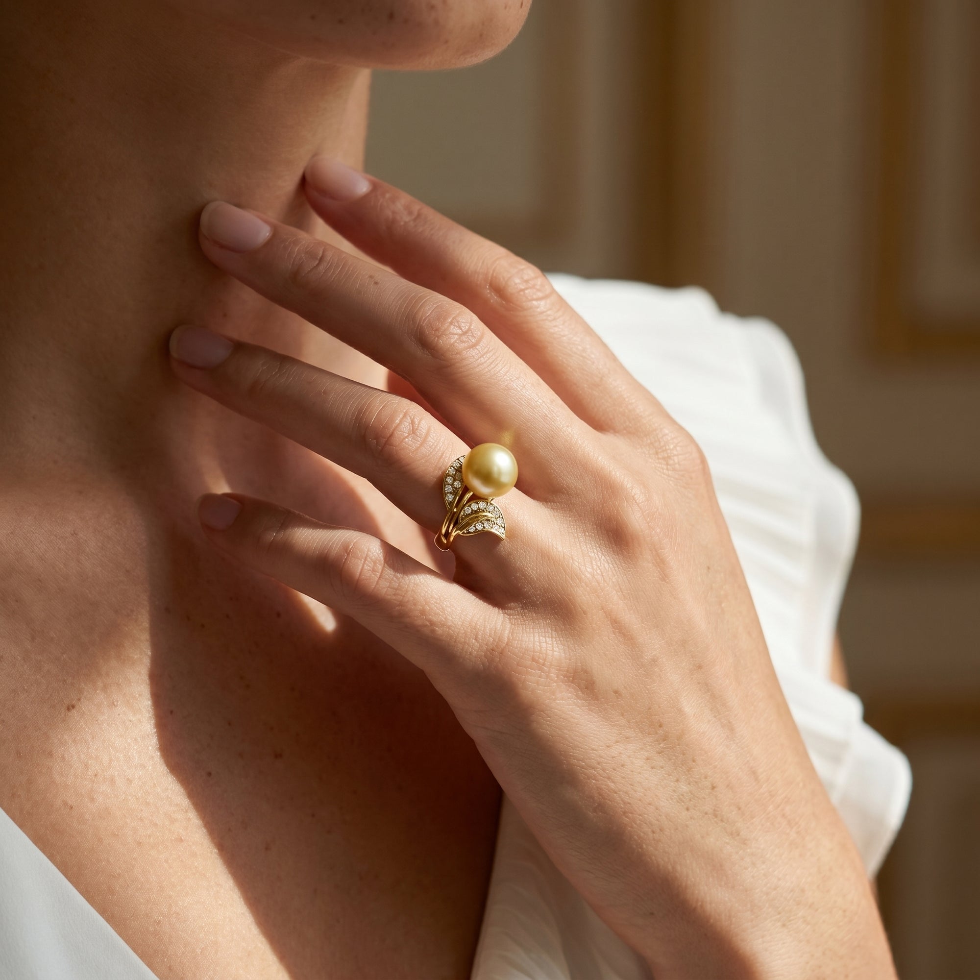 Golden South Sea Pearl & Diamond "Hazakura" Ring