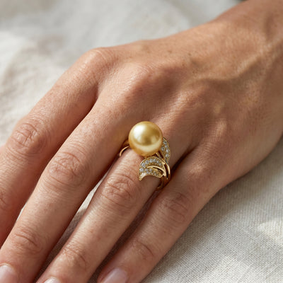 Golden South Sea Pearl & Diamond "Hazakura" Ring