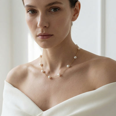 White Japanese Akoya Pearl Tin Cup Necklace - AAA Quality