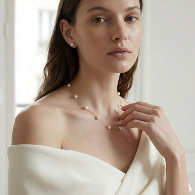 White Japanese Akoya Pearl Tin Cup Necklace - AAA Quality