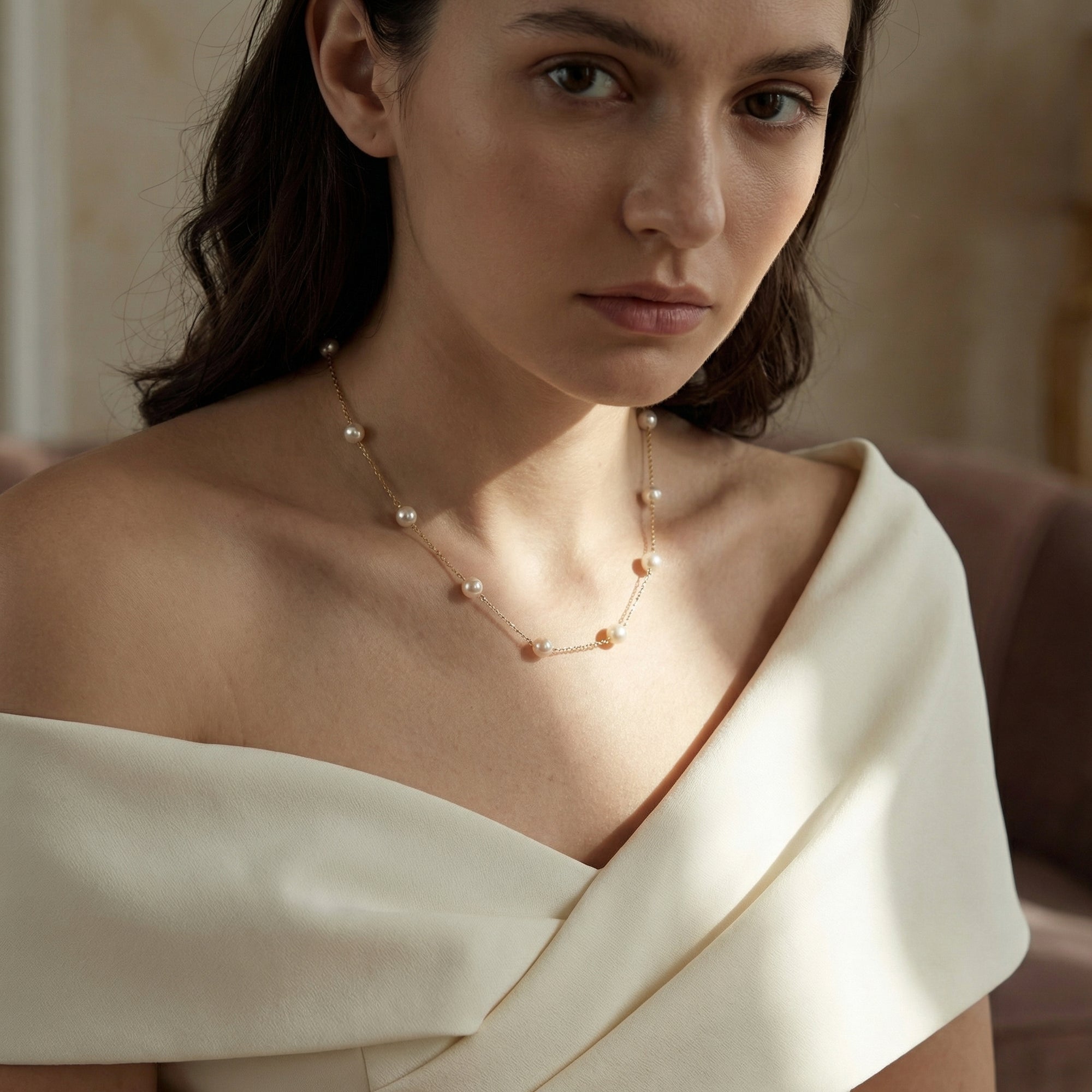 White Japanese Akoya Pearl Tin Cup Necklace - AAA Quality