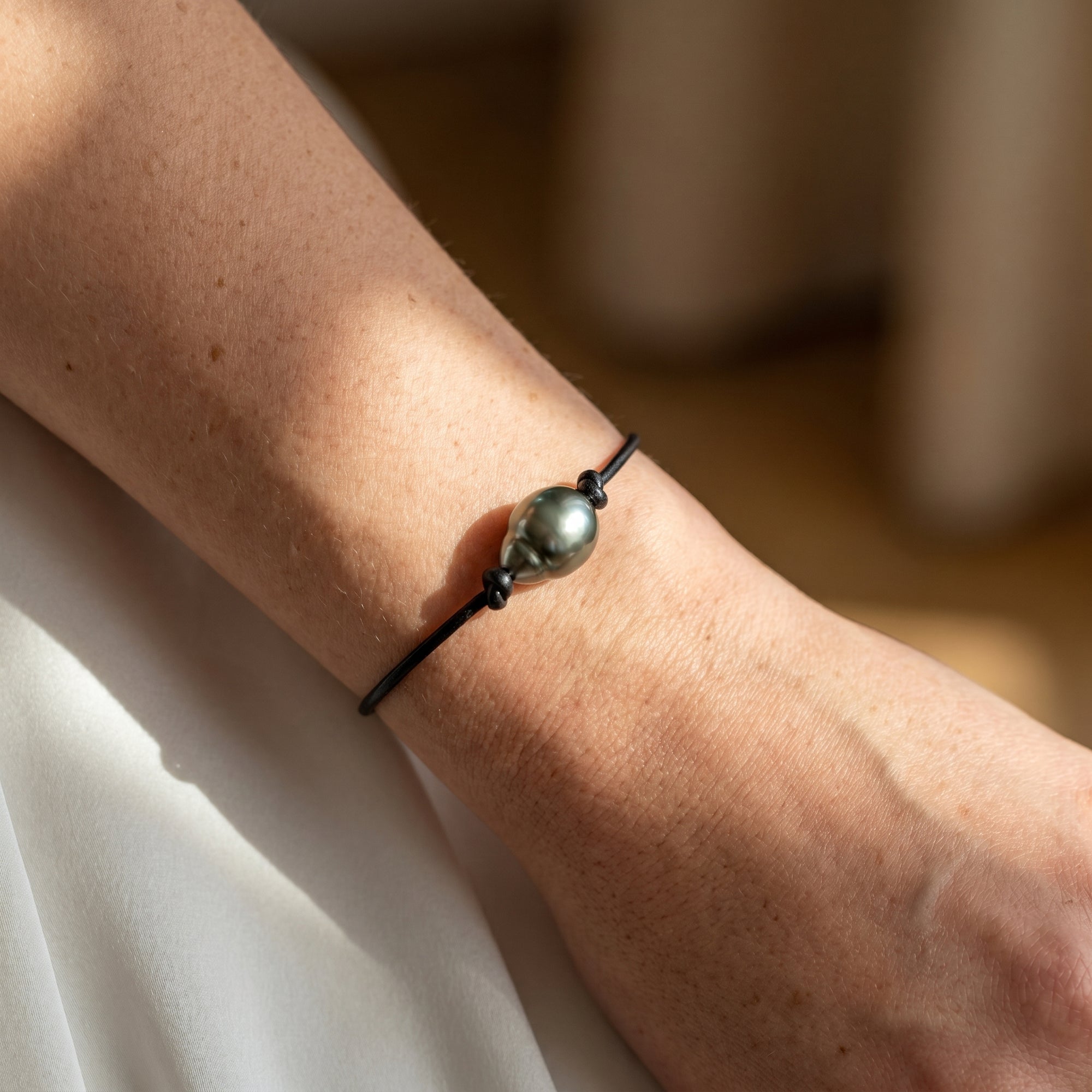 Black Tahitian Baroque Pearl on Leather Bracelet