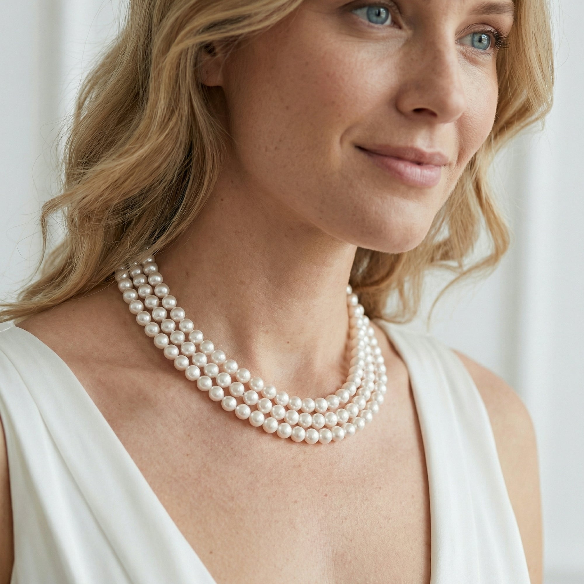 Triple Strand White Akoya Pearl Necklace