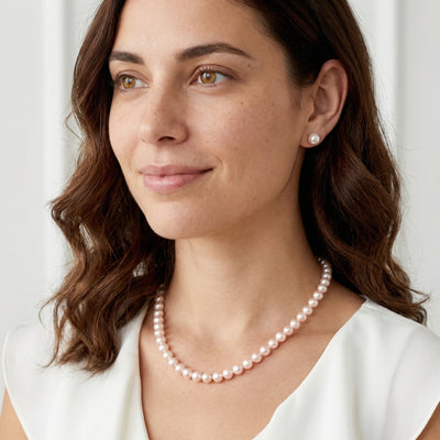 White Japanese Akoya Pearl Necklace & Earring 2-Piece Set, 7.5-8.0mm